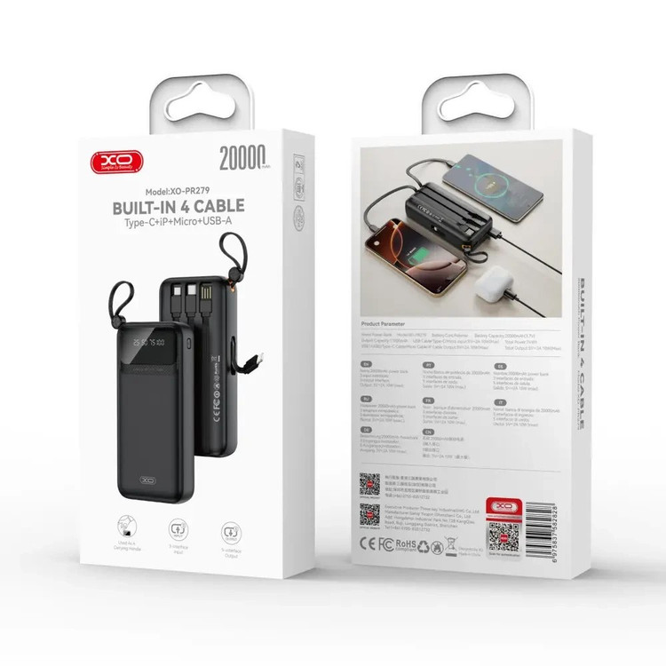 پاوربانک ایکس او 10 وات PR279 با ظرفیت 20000 میلیآمپر ساعت به همراه ۴ کابل