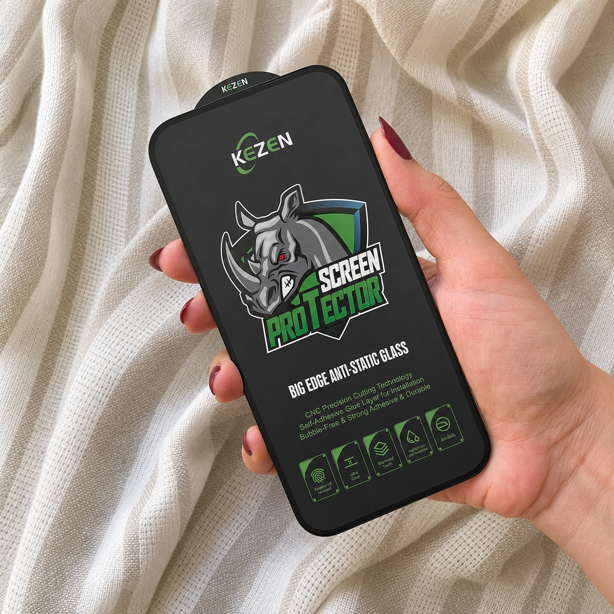 گلس گوشی iPhone 16 آیفون شیشه ای KEZEN آنتی استاتیک Full Cover Anti Static Big Edge Protector اورجینال