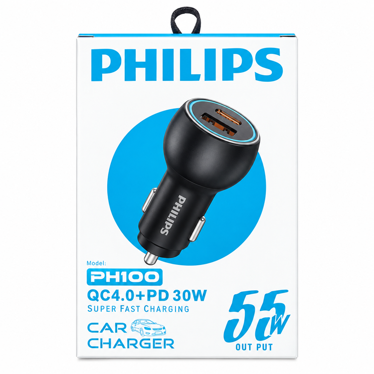 شارژر فندکی خودرو Philips PH100 دو پورت QC4.0 + PD 30W با توان 55W