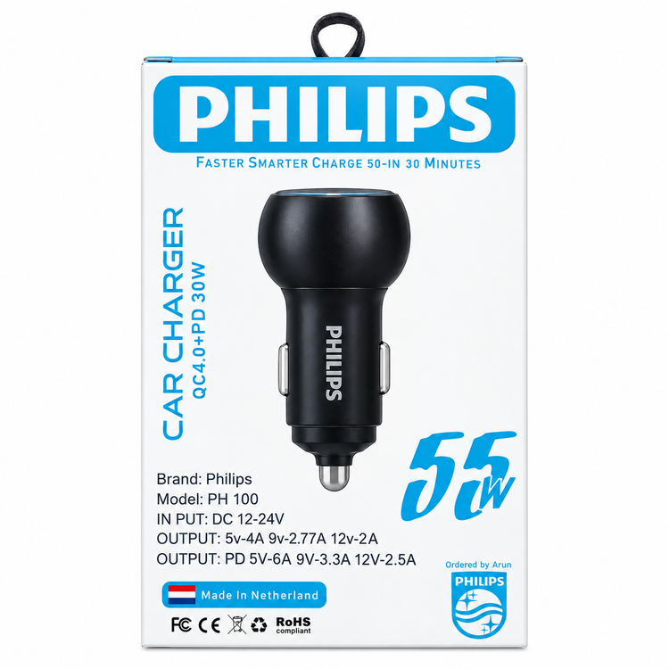 شارژر فندکی خودرو Philips PH100 دو پورت QC4.0 + PD 30W با توان 55W